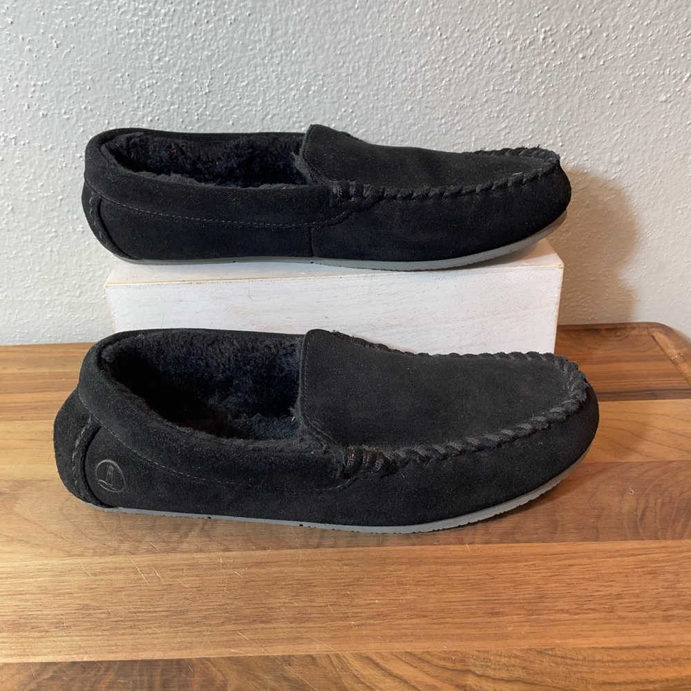 Lands End Black Suede Fleece Lined Moccasin Slippers Outdoor Size 7 Comfort Cozy
